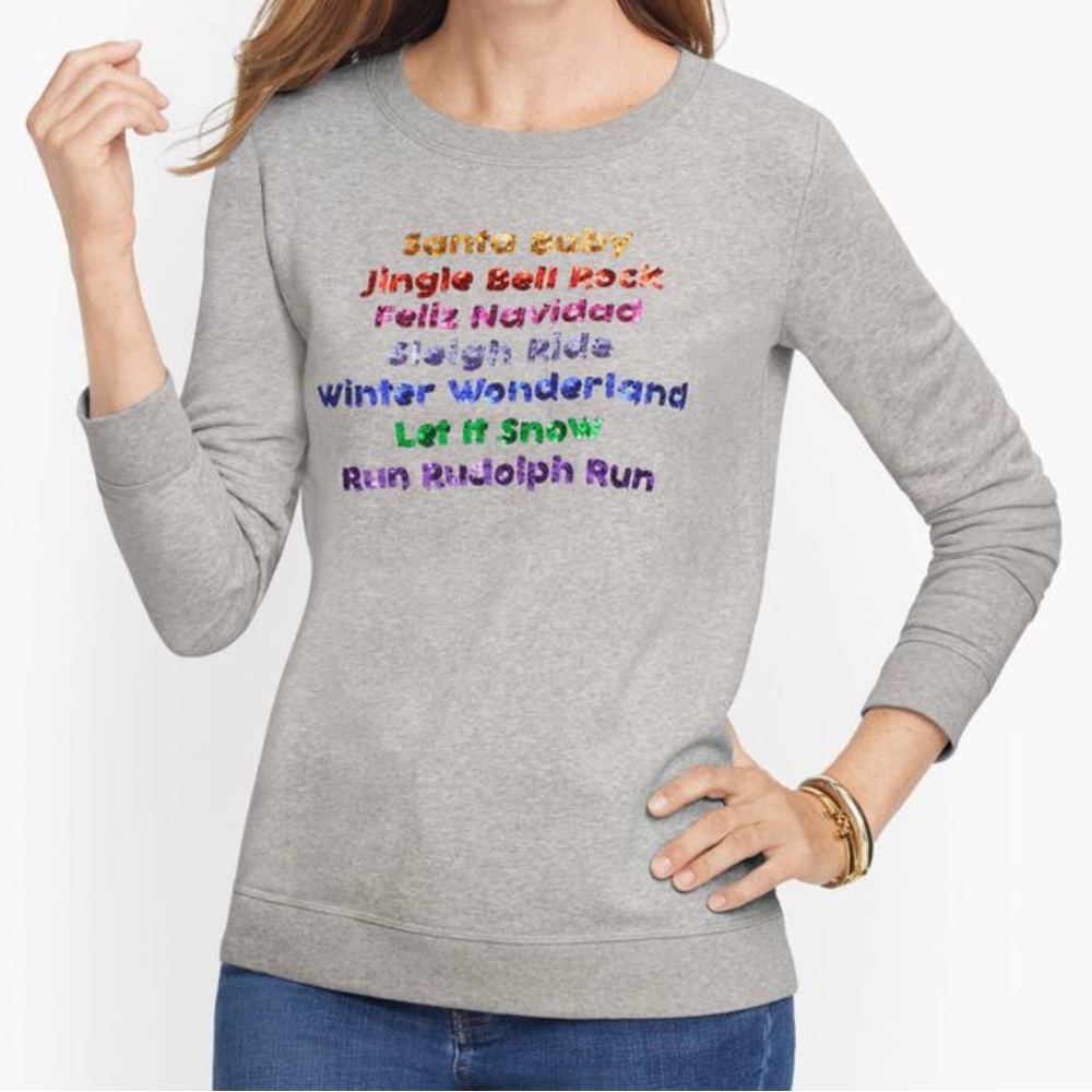 Talbots Heather Gray Long Sleeve Tee with Festive Multicolor Text